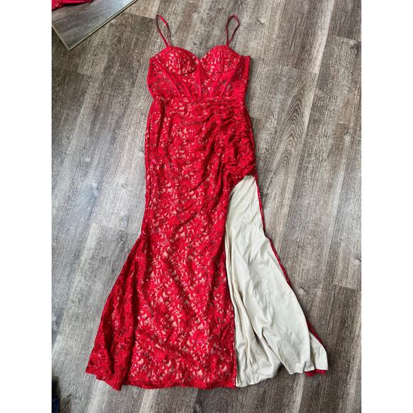 Galina Signature Dress Red Allover Lace Corset Sheath with Side Slit - Picture 2 of 9